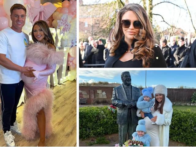 Left: Charlotte Dawson and fiance Matt Sarsfield at their baby shower. Top right: Charlottte at Linda Nolan's funeral. Right: Charlotte and her two sons by her dad's memorial statue