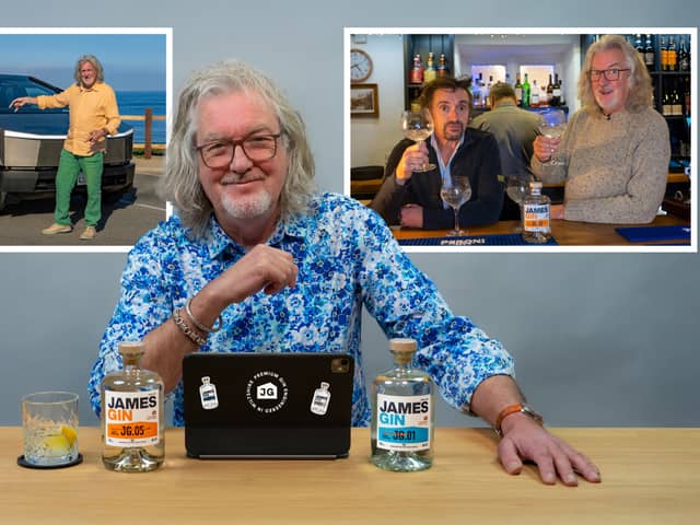 TV star James May poses with some of James Gin's msot popualr products.