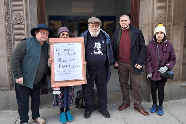 Protest outside Preston Town Hall after Harry Spillman [centre] was told he could not ask a public question during a council meeting because of an investigation by the Labour Party