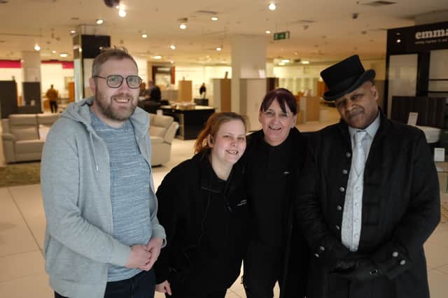 Quizmaster and Emmaus Ambassador Jay Flynn MBE, Kim who is supported by Emmaus Preston, Karen Wallis, Head of Support and Deputy CEO, and Rock who is also supported by Emmaus Preston.