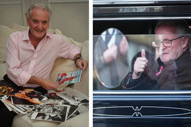L: Brian Nolan pictured in his Blackpool home in 2023. R: At his sister Linda's funeral earlier this year.