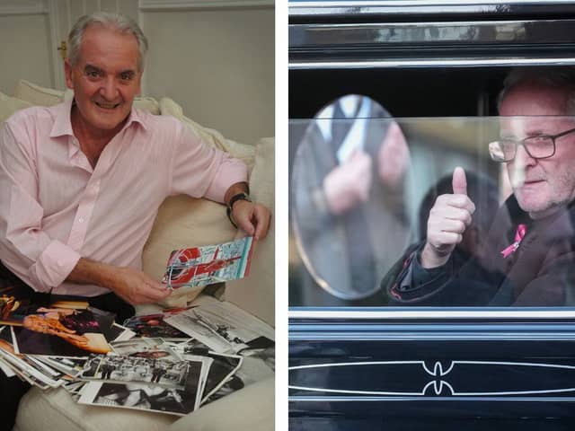 L: Brian Nolan pictured in his Blackpool home in 2023. R: At his sister Linda's funeral earlier this year.