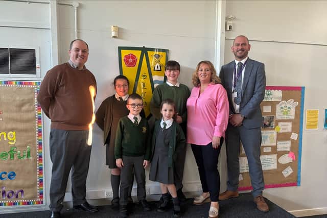 Endeavour Learning Trust CEO David Clayton with Strike Lane teachers and pupils.