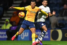 Preston North End's Kaine Kesler-Hayden battles with Derby County's Kayden Jackson
