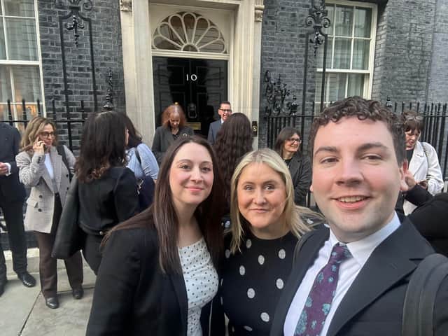 National World Metro Group editor Vanessa Sims (centre) outside 10 Downing Street with reporter James Connolly from the YEP and fellow journalists