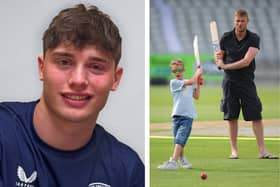 Left: Corey Flintoff pictured signing his contract with Kent (credit Kent Cricket). Right: with his dad Freddie Flintoff in 2013 (credit Getty)