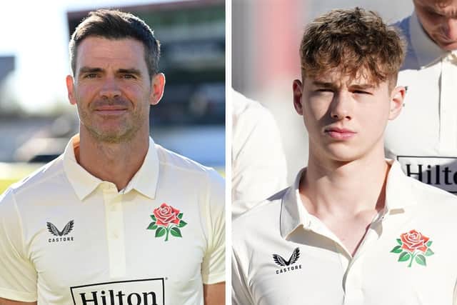 James Anderson (left) and Rocky Flintoff (right) at the Lancashire CCC photocall at Emirates Old Trafford on April 01, 2025. (Photo by Getty Images/ PA Wire)