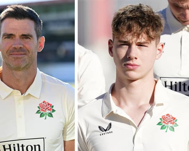 James Anderson (left) and Rocky Flintoff (right) at the Lancashire CCC photocall at Emirates Old Trafford on April 01, 2025. (Photo Getty Images/ PA Wire)