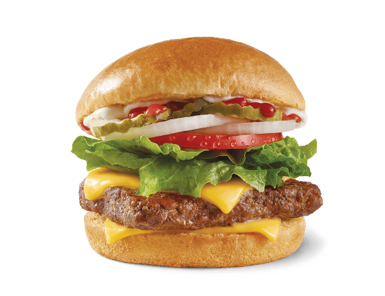 Dave’s SingleTM: A quarter-pound* of British beef, American cheese, crisp lettuce, tomato, pickle, ketchup, mayo, and onion on a toasted bun.