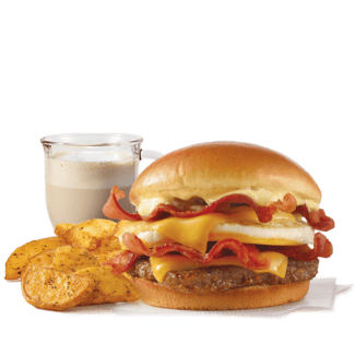Breakfast Baconator: Classic Sausage or Bacon, Egg & Cheese Sandwich:Freshly cracked egg, with your choice of a grilled square sausage patty or oven-baked Applewood smoked bacon, and melted cheese on a freshly toasted and buttered breakfast roll.