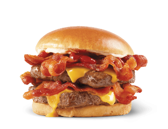 Baconator®: A half-pound* of British beef, American cheese, six pieces of crispy Applewood smoked bacon, ketchup, and mayo.