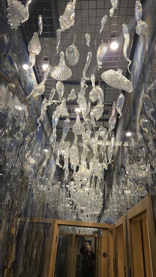 The reworked John Ditchfield glass chandlier in the toilets at the Beach House Blackpool