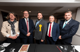 Making the case for their parties were [from left to right]:  County Cllr Gina Dowding, Green Party group leader, LCC;  County Cllr Scott Smith Conservative, lead member for highways and active travel, LCC; John Potter, Liberal Democrats, LCC; County Cllr Matthew Tomlinson, Labour opposition group leader, LCC; Cllr Stephen Atkinson, Reform UK, leader of Ribble Valley Borough Council