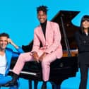 (L-R) Mika, Jon Batiste, Claudia Winkleman on The Piano