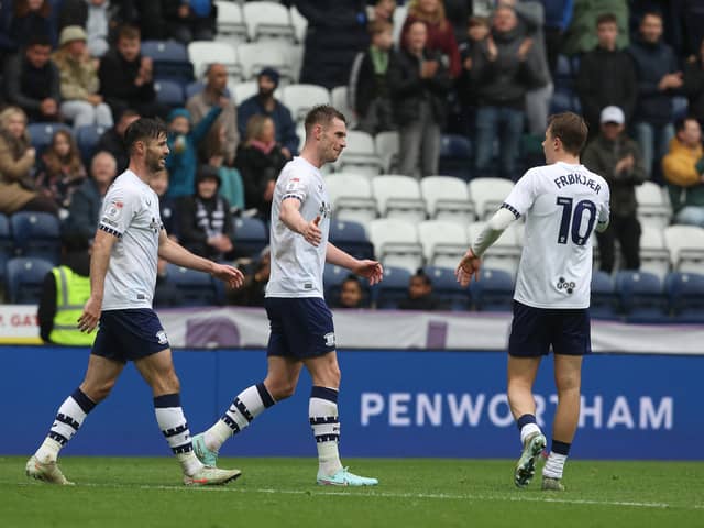 Preston North End's Liam Lindsay celebrates scoring the opening goal 