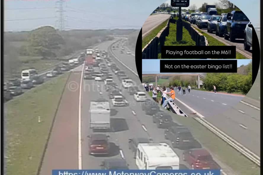 People on social media have been posting videos and images of stranded motorists playing football on the M6