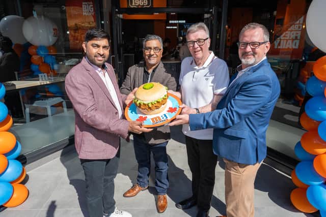 BBC Radio Lancashire’s John ‘Gilly’ Gillmore (second right) joins the MB Chicken team for the Preston bramch's grand opening