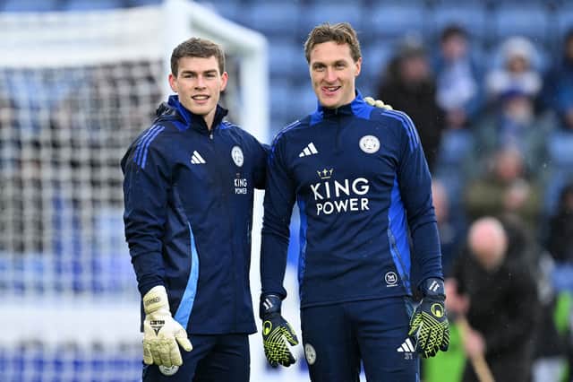 Daniel Iversen, right, pictured alongside Leicester No1 Mads Hermansen ahead of the Foxes' game against Brighton in December