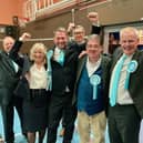 Reform UK winners and supporters  in Ribble Valley - including county councillors Ged Mirfin [front, second from right] and leadership candidate Stephen Atkinson [front centre]