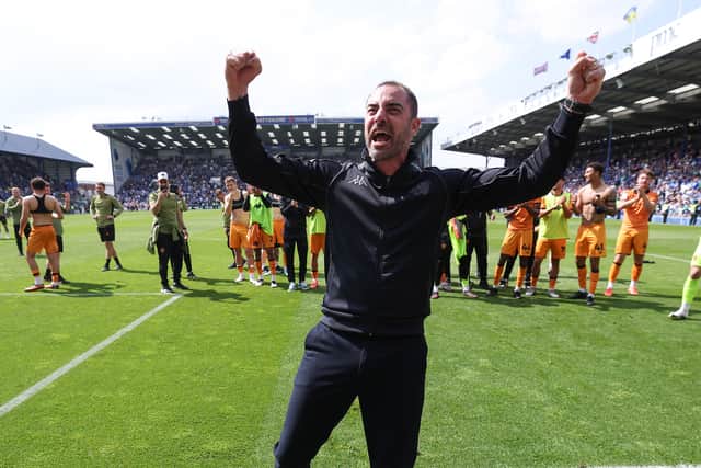 Ruben Selles celebrating at Fratton Park on the fional day of the season.