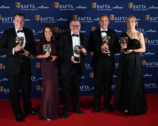 L to R: Gareth Knowles, Kelly Crawford, Richard Frediani, Liam Blyth and Caroline Turner pose with the News Coverage Award for 'BBC Breakfast: Post Office Special' at the 2025 BAFTA Television Awards 2025.