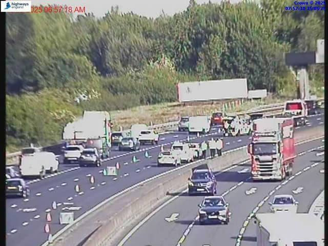 The scene of the crash on the M6 near junction 32 (M55, A6) in Preston at 7am this morning (Thursday, May 15)