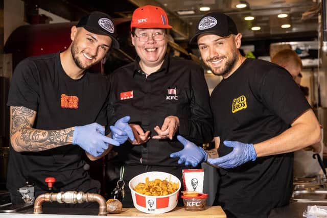 SpudBros and KFC Preston’s local legend Roz Eccles with KFC’s limited-edition 60th Birthday Spud