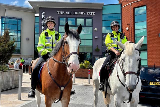 Police horse Lawson patrols the streets for his first town centre patrol in Chorley.