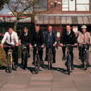 Leyland St. Mary's High School pupils and teachers in Leyland, from left, Gareth Reeves, Suzanne Pilkington, Martin Bennett, headteacher trevor Day, William Pope, Steve Holmes, Jackie Myerscough and Chris Bullock who are cycling from Blackpool to Scarborough