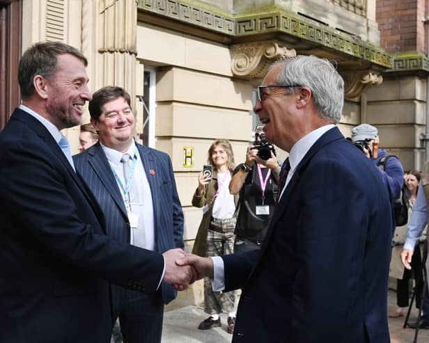 New Lancashire County Council leader Stephen Atkinson welcomes Nigel Farage to County Hall in Preston