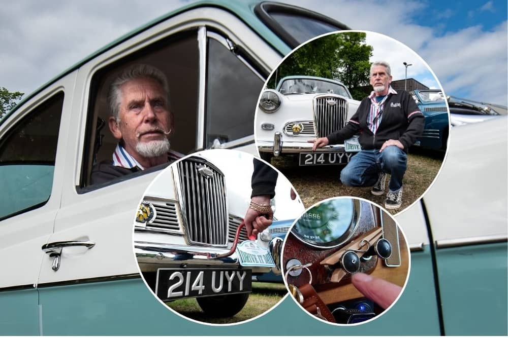 Dennis Jackson from Preston in his 1958 Wolesley classic car. Inset: Demonstrating how he uses a 'crank handle' to start the engine, and places a clothes peg on the choke button. All photos credit Lucinda Herbert