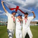 Steve Harmison, Robert Key and Andrew Flintoff pictured celebrating after winning the test series 4-0 after day 3 of the 4th npower test match between England and the West Indies at the Oval, on August 21, 2004.