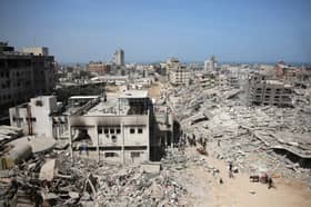 A general view shows the damage in the area surrounding Gaza's Al-Shifa hospital in 2024