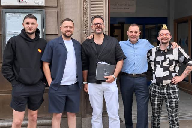 Team Spud Bros outside Preston Town Hall after plans for a bigger unit on the Flag Market were approved - including Harley  (far left), Jacob (second left) and Tony (second right) Nelson