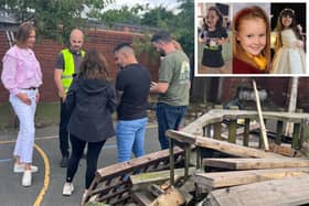 Inset: Bebe King, Elsie Dot Stancombe and Alice da Silva Aguiar. Main image: Alice and Bebe's parents discuss construction with Joshua Perry, of Pentagon, and Jinnie Payne, Headteacher of Churchtown