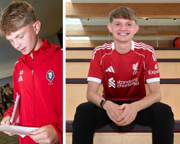 L: Will Wright collecting his GCSEs at Holy Cross High School just last summer. R: Will in his Liverpool FC kit this week.
