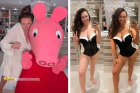 L: Charlotte Dawson is joined by Peppa Pig for Tanning Thursday. R: The before and after.