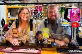 Chantelle and Adam behind the bar at Applejacks Microbar on Berry Lane in Longridge