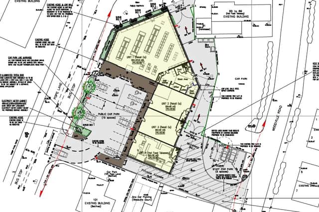 The approved layout of the new buildings on the former Shampan site - showing the car park opposite Bargain Booze and units constructed closer to the Woodville Road and Godwins chip shop side.
