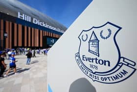 A general view of the Everton badge outside of the Hill Dickinson Stadium