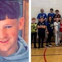 L: Former Wellfield Academy pupil Jordan Thomas. R: Pupils in their football shirts during the fundraising tournament