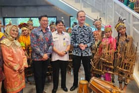 UK Ambassador to Indonesia, Dominic Jermey (far right in the blue shirt) at the opening of Deakin University Lancaster University