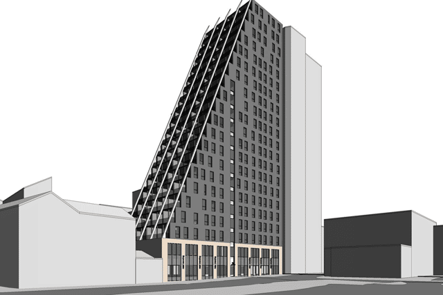 The sloped apartment block approved in 2020 had already been redesigned once