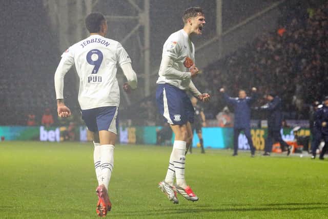 Harrison Armstrong celebrates in front of the the PNE crowd at Deepdale as he levels against Wrexham
