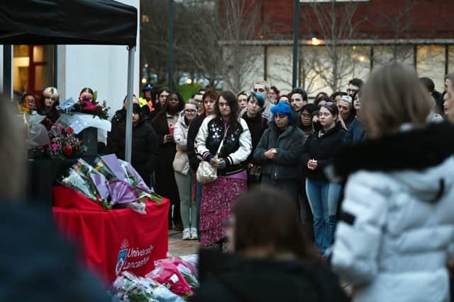Students turn out for a memorial to Carla at the University of Lancashire in February