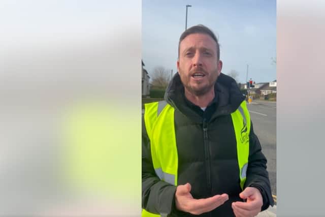 Unite the Union representative Ross Quinn speaking outside BAE in Warton today (Tuesday, February 17)