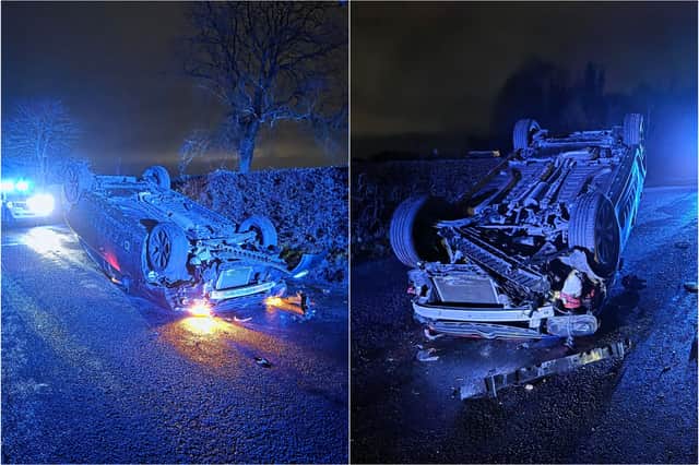A motorist had a “very lucky escape” after a car overturned on a country lane near Ormskirk