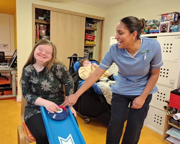 Prisha and Lily celebrate Derian House Children's Hospice  rating of Good overall in latest CQC inspection