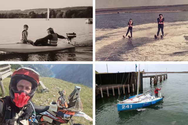 Andrew has always been into extreme challenges. Top two pics: Doing watersports with his dad aged 7. Bottom left: On a motorbike challenge from the UK to Greece to scatter his father’s ashes. Bottom right: Andrew during his Iceland sailing challenge.