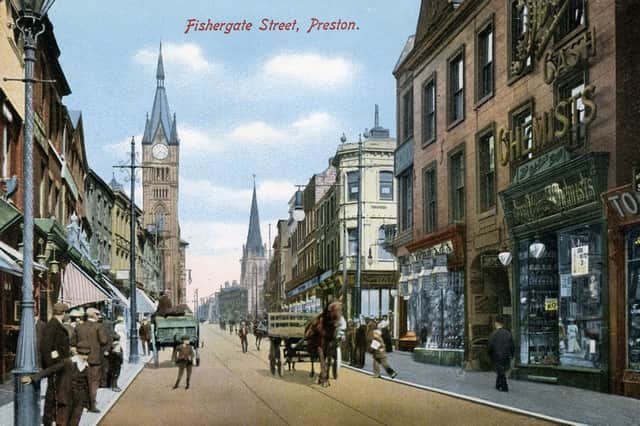 An Edwardian view of Fishergate, showing the street after much of its earlier greenery had disappeared as Preston developed into a busy commercial centre